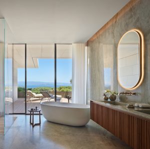 Interior image of the Bulgari Bodrum's Mansion Bathroom that features ocean views and modern appliances.